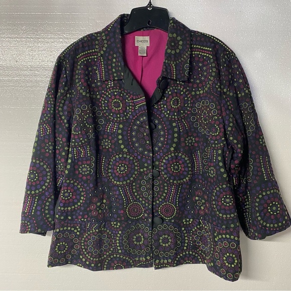 Chico’s Jacket Women Size XL Colorful Embroidered Artsy Button Front Lightweight - Picture 1 of 9